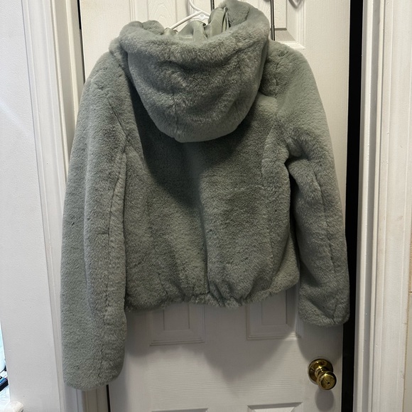 EUC Rachel Zoe Sage Green Faux Fur Jacket w/ Hood - Picture 2 of 6